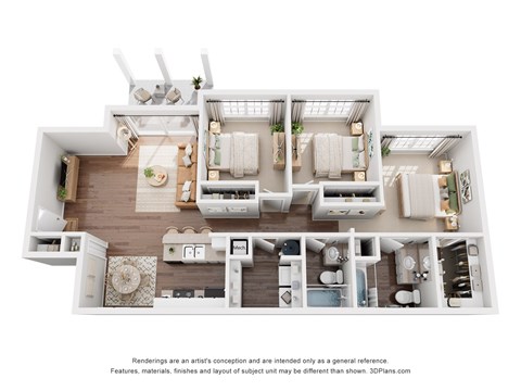 Floor plan for 3 beds, 2 baths, 1290 sqft